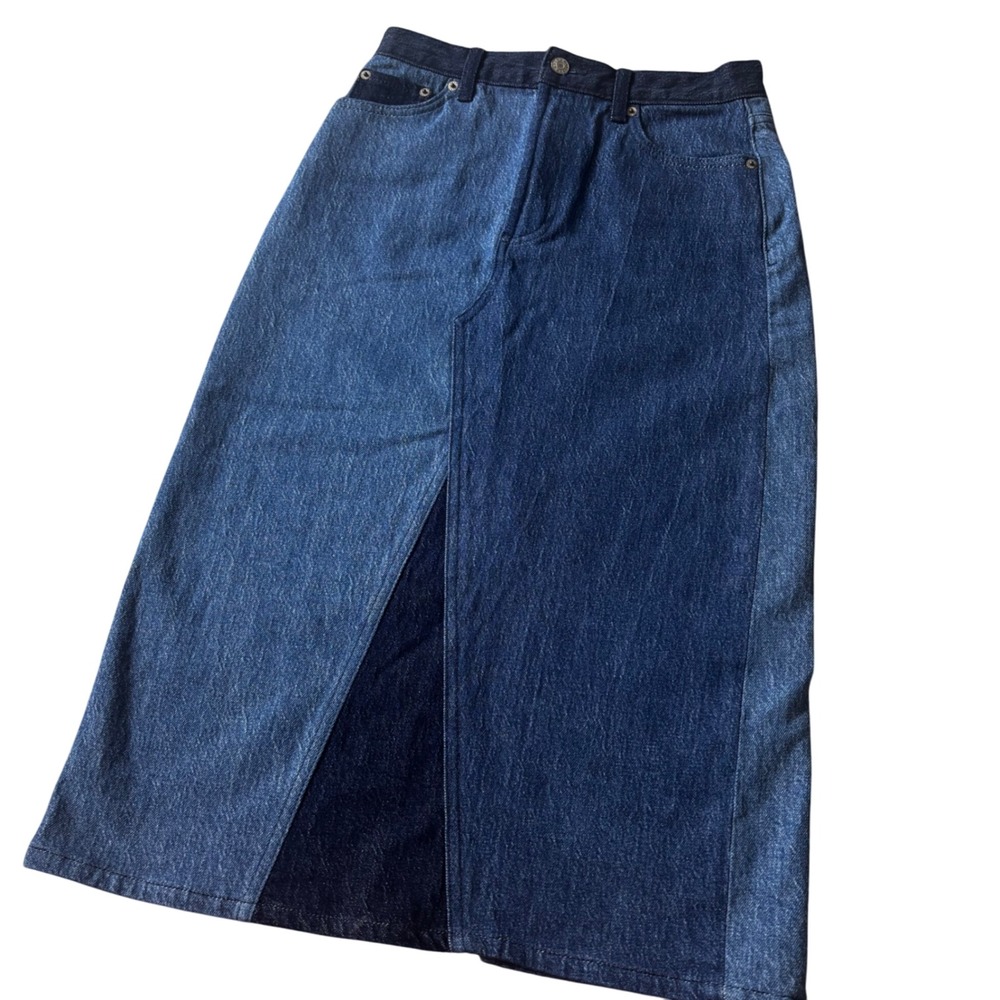 Rails Denim Maxi Skirt Two Tone Colorblock Blue Jean Front Slit 27"